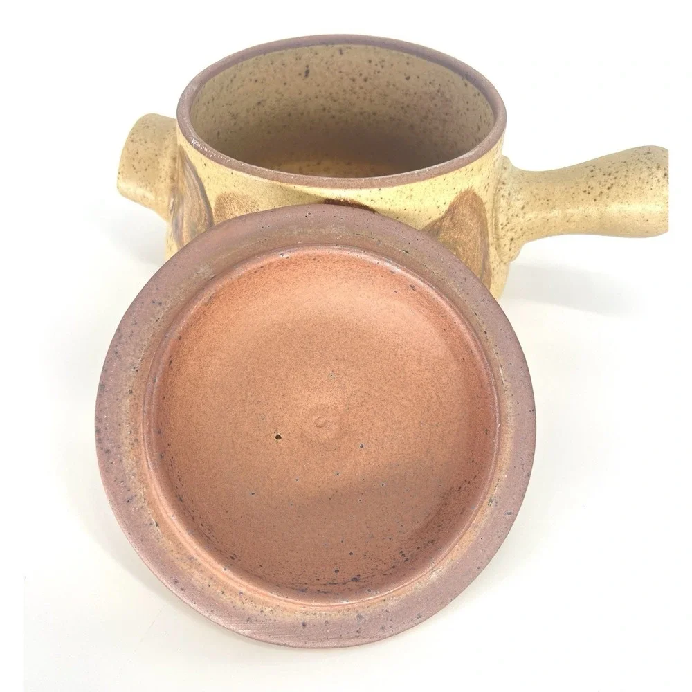 Carl McConnell Vtg Australian Lidded Pot Handle Stoneware Beige Pottery Speckled